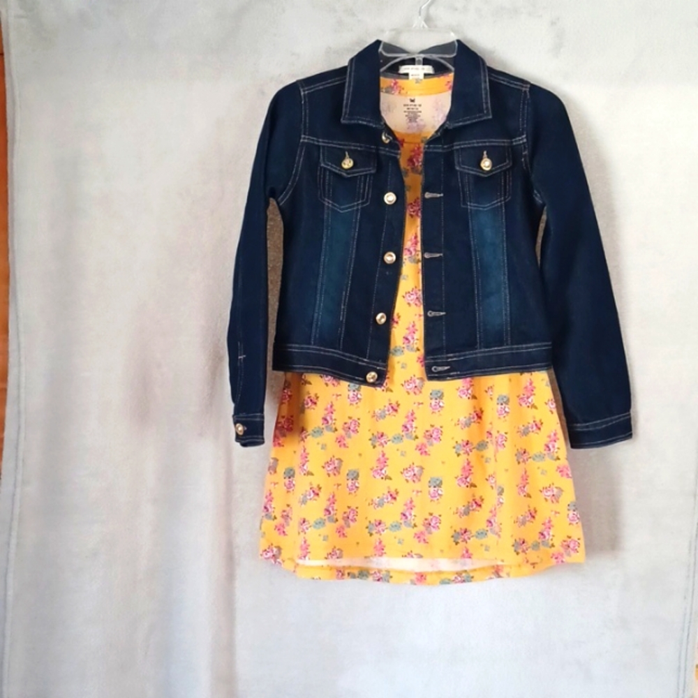 One Step Up Big Girl's Short Sleeve Floral Dress & Denim Jacket Size M 10-12.